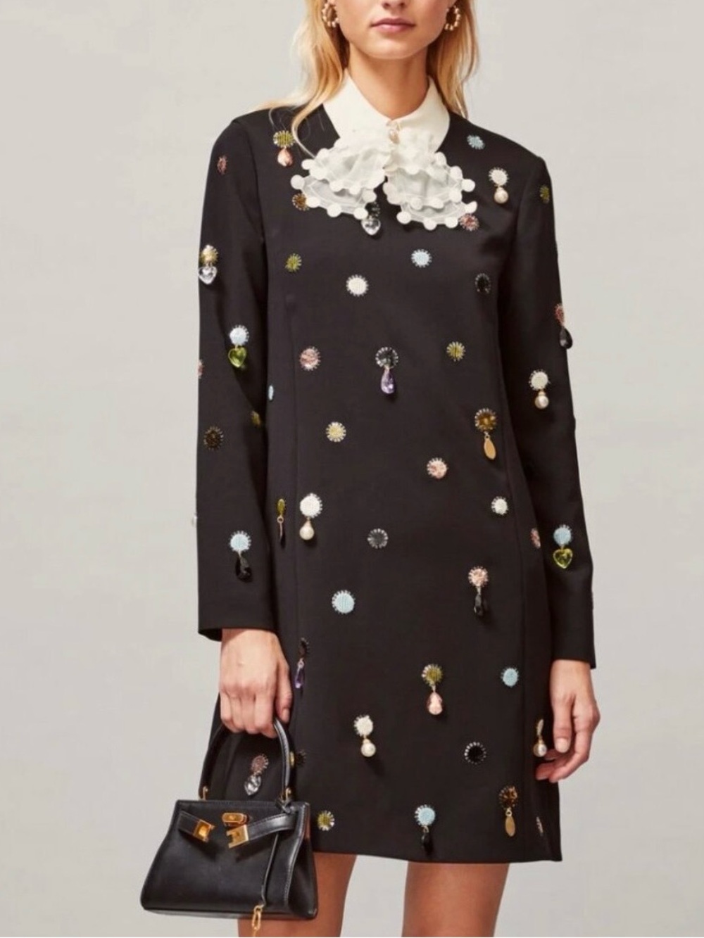Tory Burch Black Long-Sleeve Embellished Shift Dress with White Ruffle Collar